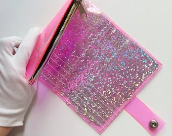 Hot Pink Holographic Vinyl Wallet: Silver Confetti Card
