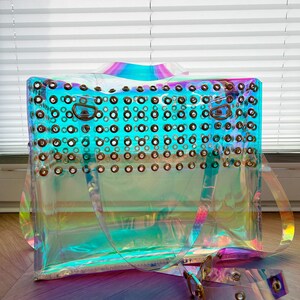 Holographic Vinyl Handbag Iridescent Shoulder Bag Crossbody Rave Festival Eyelet Statement Bag Pastel Goth Scene Girl Gift image 5