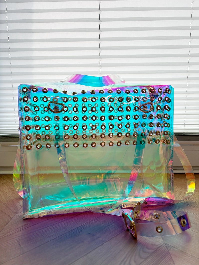 Holographic Vinyl Handbag Iridescent Shoulder Bag Crossbody Rave Festival Eyelet Statement Bag Pastel Goth Scene Girl Gift image 5