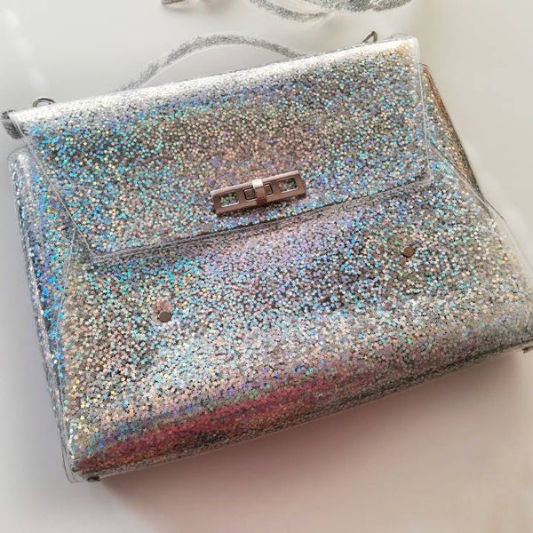 Vinyl glitter messenger, Holographic stars satchel, medium shiny bag standard paper size, vegan metallic bag, jelly unique, modern office