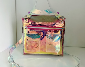 Holographic Glitter Trunk Bag Y2K Boxy Handbag Barbiecore Kpop 90s Statement Bag Top Handle Crossbody Bulky Purse Vegan Handmade in Europe