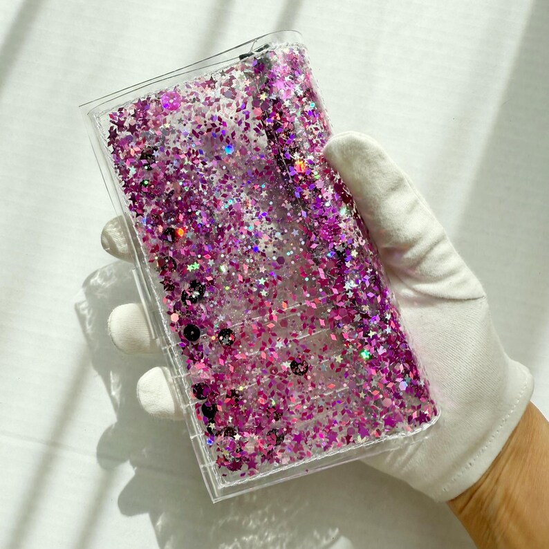 Cartera rosa con purpurina, monedero mediano y bonito, monedero transparente, regalo kawaii, carteras hechas a mano, rosa y negro, veganas y brillantes, estilo grunge. imagen 7
