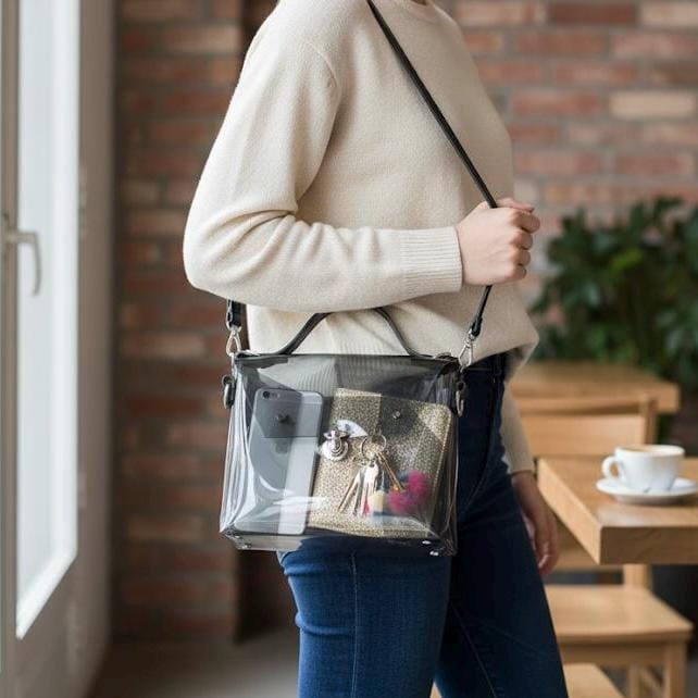 Transparent Black PVC Handbag Leather Strap Clear Box Purse