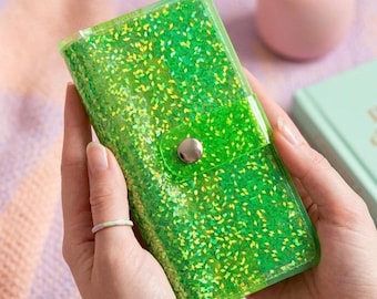 Green Holographic Vinyl Wallet with Confetti Diamonds Custom Handmade Clear Card Slots Coin Pocket Snap Closure