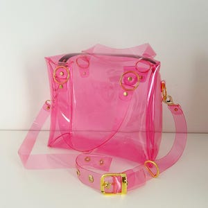 Handmade Pink Vinyl Crossbody Bag: Rainbow Zipper, Vegan Leather