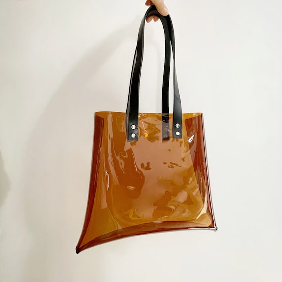 Clear Vinyl Tote Bag Minimalist Transparent Work Bag Stadium Approved Clear Purse Everyday Shopper Brown Tint Modern Office Style
