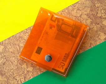 Clear Orange Vinyl Wallet Transparent Card Holder Small Minimalist PVC Wallet Festival Travel Pocket Wallet Vegan Snap Closure