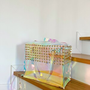 Holographic Vinyl Handbag Iridescent Shoulder Bag Crossbody Rave Festival Eyelet Statement Bag Pastel Goth Scene Girl Gift image 7