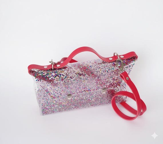 Borsa a tracolla con coriandoli arcobaleno Y2K, borsa a tracolla glitterata, borsa a mano in vinile trasparente, borsa con accenti in pelle rossa, massimizza le vibrazioni - Italia