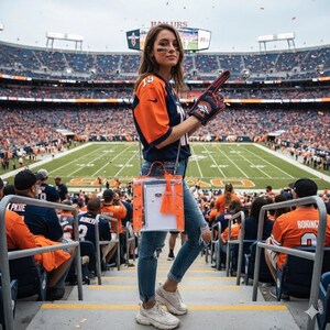 May include: A person wearing a navy and orange football jersey and holding a foam finger and a clear tote bag with a notebook inside. The person is standing in a stadium filled with people, with a football field in the background.