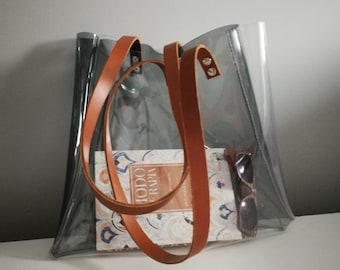Bolso de mano transparente, bolso shopper de vinilo transparente y ahumado, asas de cuero, bolso extragrande minimalista moderno, bolso de diario, Ypsilon, bolso de diario