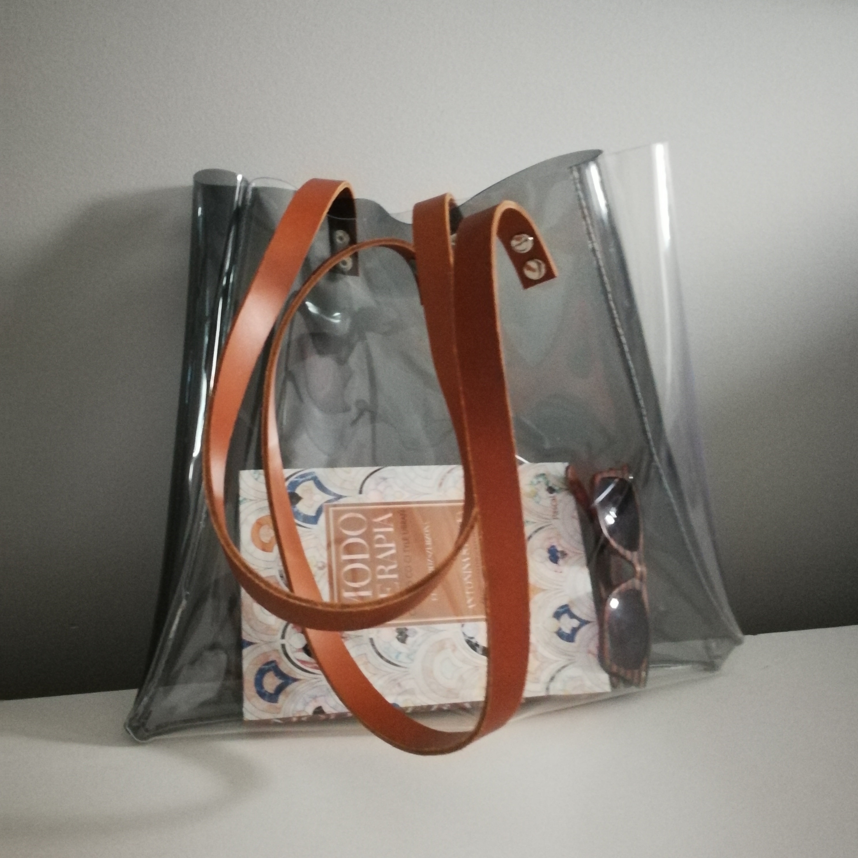 Transparent Tote Bag, Clear & Smoked Vinyl Shopper, Leather Transparent Tote Bag, Clear & Smoked Vinyl Shopper, Leather