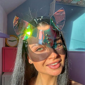 Cyber Cat Mask - Holographic Vinyl Cat Ears, Perfect for Cosplay, Rave, Festival & Alternative Styles