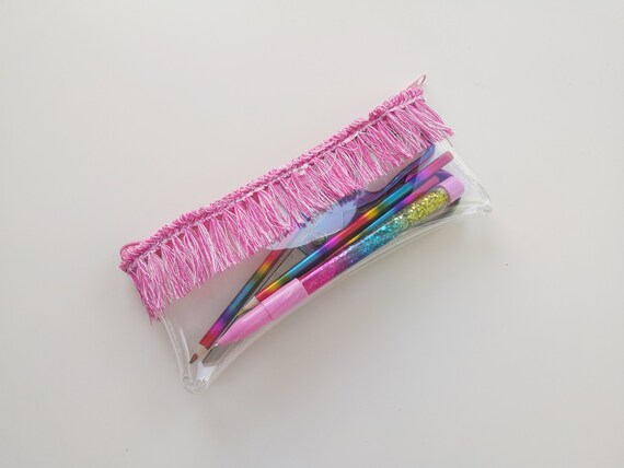 Fringe pencil case, clear vinyl pouch, back to school, pink case, boho style, stationery freak, kawaii cute, transparent purse, scissor case