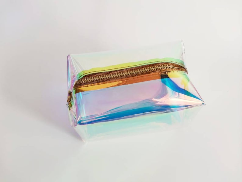 Holographic cosmetic bag, cube makeup purse, raibow toiletry, mermaid shiny cosmetic storage, gift for rave girl, festival style, small shop image 2