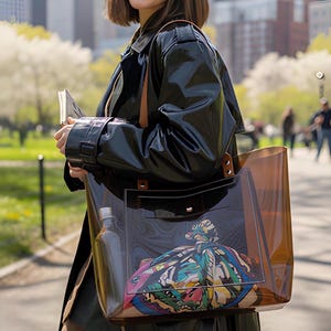 May include: A large, translucent brown tote bag with tan leather-like straps and a rectangular front pocket. Inside the pocket is a colorful, abstract patterned fabric insert. The bag is made of a clear, flexible material with visible stitching.