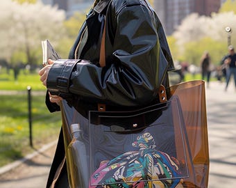 Brown PVC Shopper Bag Large Transparent Tote With Leather Straps Minimalist Work Bag Urban Market Bag Handmade