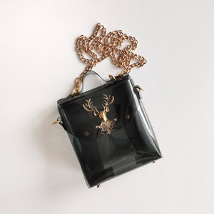 Bolso negro y dorado, regalo para mujer, bolso bandolera pequeño, metalistería de ciervo vintage, bolso de mano estilo estadio retro, bolso bandolera único, vegano