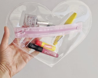 Genomskinlig hjärtformad påse rosa dragkedja kawaii anime kattunge harajuku flicka platt väska vegansk organizer rese kosmetikapåse