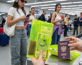 Two passport wallet vinyl organizer in neon transparent colors aesthetic Y2K travel case customizable minimal cover