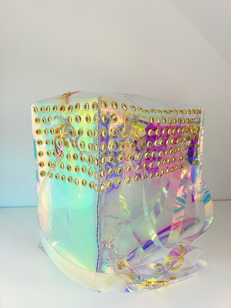 Holographic Vinyl Handbag Iridescent Shoulder Bag Crossbody Rave Festival Eyelet Statement Bag Pastel Goth Scene Girl Gift image 3
