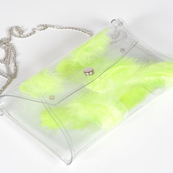 Sac de plumes pochette clair avec jaune néon citron vert vraie plume enveloppe transparente avec sac chaîne en argent de boho sac de luxe