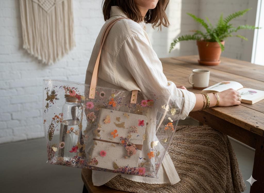 Boho Floral PVC Tote Bag: Orange & Red Flowers, Leather