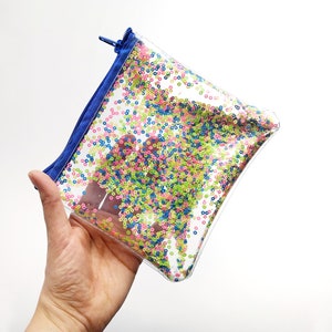 Bolsa de confeti pastel, bolsa de cosméticos con cremallera, bolsa transparente con lentejuelas, bolsa de maquillaje transparente, monedero de vinilo con purpurina, bolsa de cosméticos vegana, pequeña