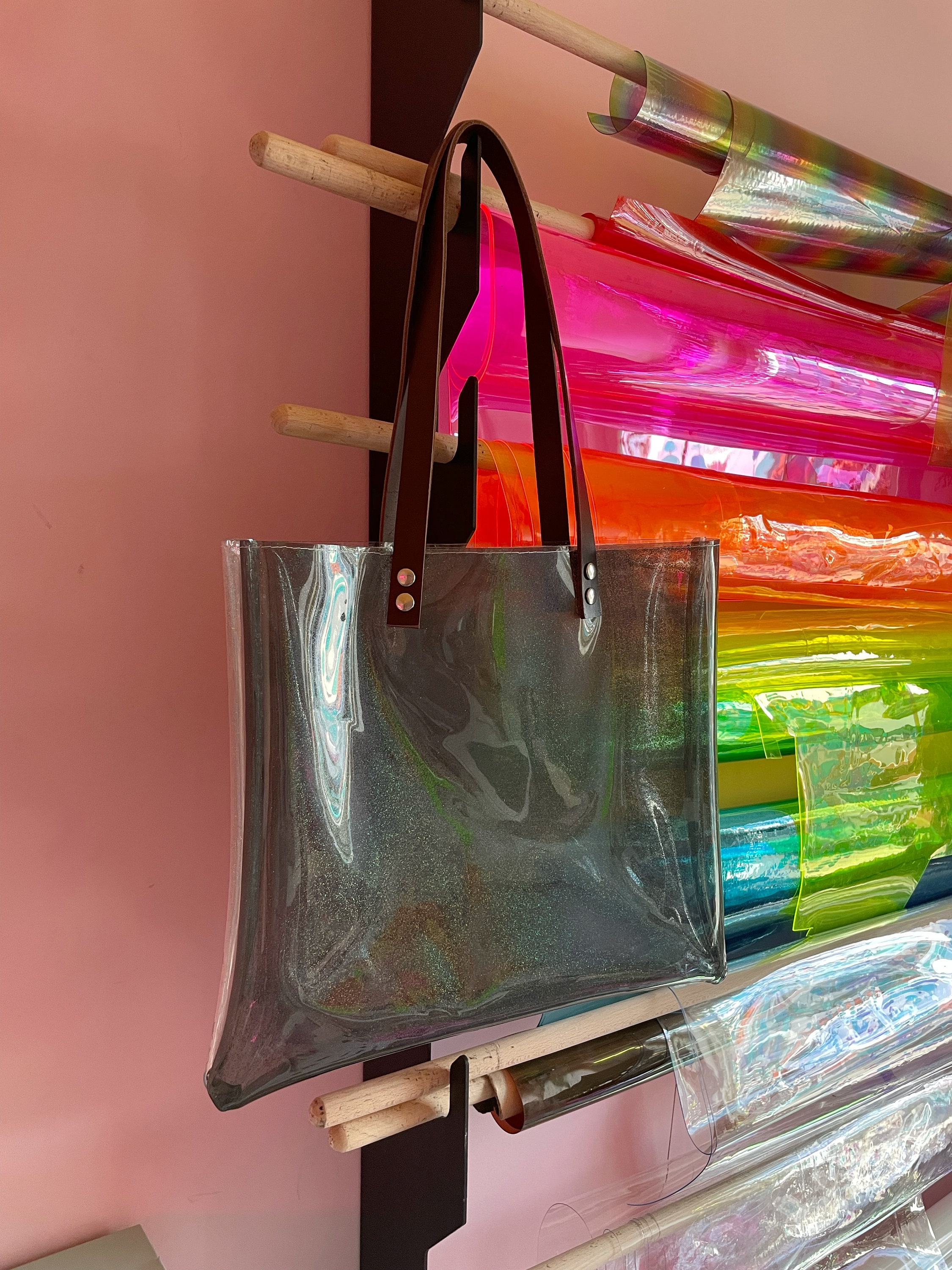 Holographic Glitter Vinyl Tote Bag Smoky Clear Handbag Minimalist