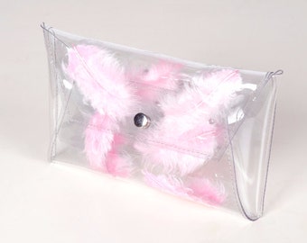 Light pink clutch, clear bag with pastel pink feathers, brides bag, unique clutch, pastel pink purse, pink bridesmaid clutch, cute handbag