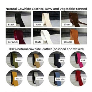 May include: A collection of cowhide leather strips in various colors. The top section shows raw vegetable-tanned leather in black, nude, brown, burgundy, white, and caramel. The bottom section displays polished and waxed leather in green, golden, navy, pink, yellow, silver, baby blue, and red.