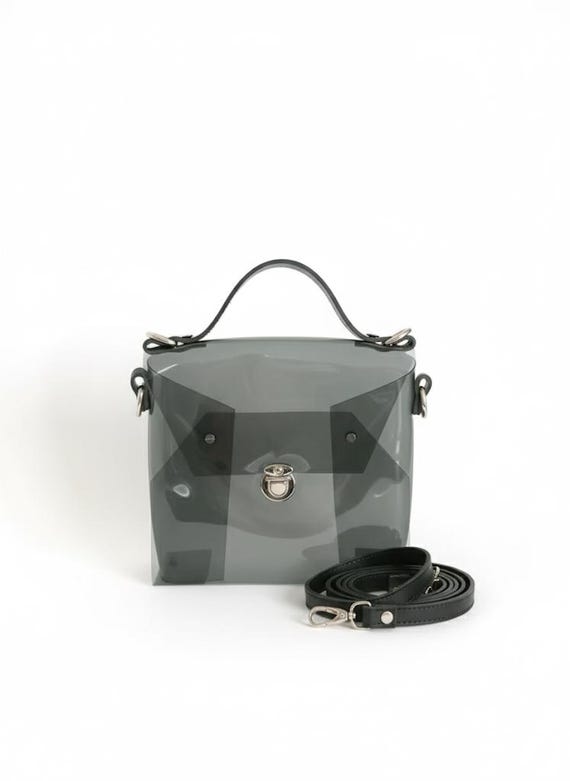 Transparent Black PVC Handbag Leather Strap Clear Box Purse