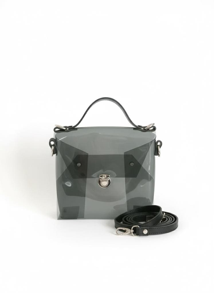 Transparent Black PVC Handbag Leather Strap Clear Box Purse