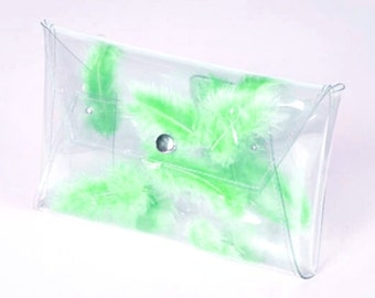 Clear clutch transparent bag with green feathers bag real feathers transparent purse envelope bag clear pouch clear purse envelope clutch