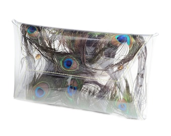 Peacock feathers  peackock wedding bag real feathers transparent purse evening clear purse unique bag Clear clutch formal party blue green