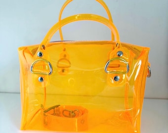Neon Orange Boxy Crossbody Bag UV Reactive Vinyl Handbag Y2K Transparent Purse Festival Rave Bag Glow PVC Statement Shoulder Bag