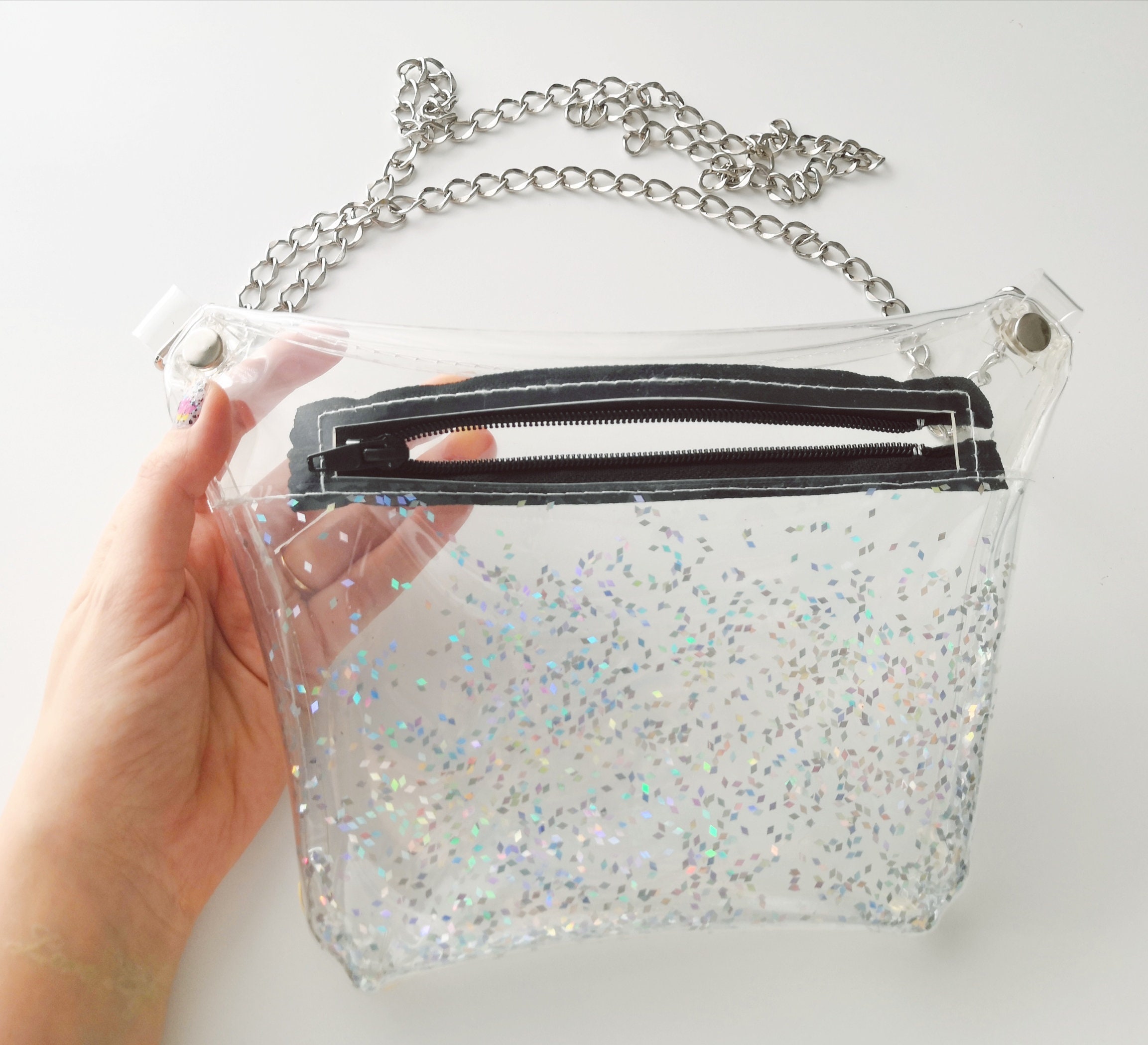 thumbnail: Heuptas Daren Jaren 90 Stijl - Glinsterende Holografische Tas Met Tattoo Halsketting Set, Waterdicht