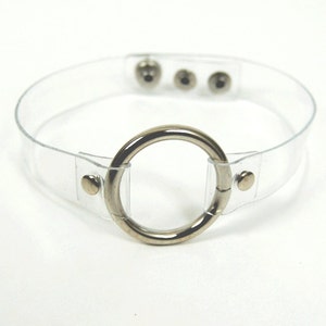 May include: A clear plastic choker necklace with a silver metal ring. The choker has three silver snaps.