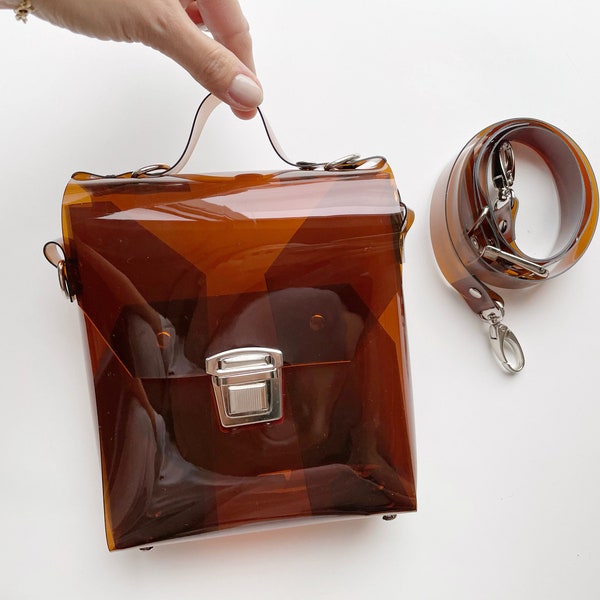 Brauner durchsichtiger Messenger, vegane Handtasche, Umhängetasche, schlichte kleine minimalistische, süße Umhängetasche, vegane Handtaschen, pinterest ästhetische Geldbörse
