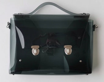 Large Clear Satchel Bag Black Tinted PVC Transparent Messenger Work School Travel Security Modern Office Style Glossy Elegant Handbag