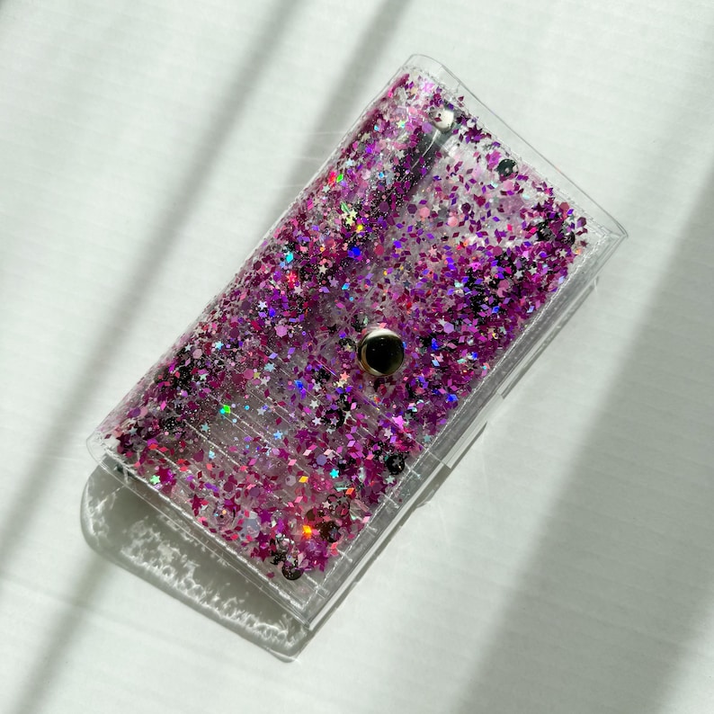 Cartera rosa con purpurina, monedero mediano y bonito, monedero transparente, regalo kawaii, carteras hechas a mano, rosa y negro, veganas y brillantes, estilo grunge. imagen 4