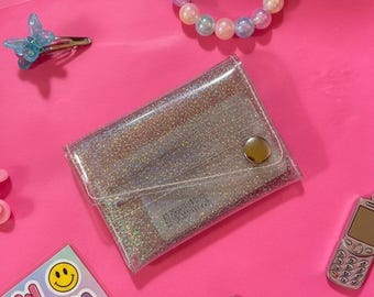 Holographic Glitter Wallet Vinyl Card Holder Small Coin Purse Clear Shiny Mini Wallet Y2K Aesthetic Travel Wallet Vegan Gift Handmade