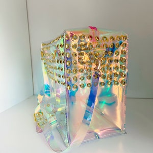 Holographic Vinyl Handbag Iridescent Shoulder Bag Crossbody Rave Festival Eyelet Statement Bag Pastel Goth Scene Girl Gift image 4