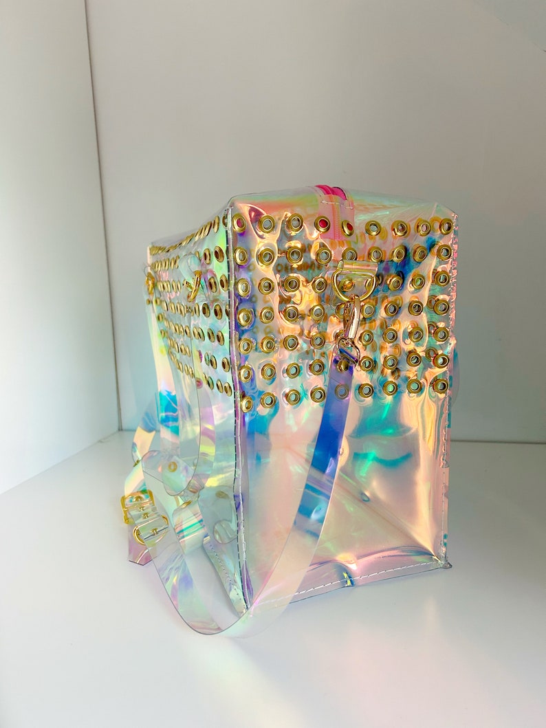 Holographic Vinyl Handbag Iridescent Shoulder Bag Crossbody Rave Festival Eyelet Statement Bag Pastel Goth Scene Girl Gift image 4
