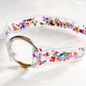 May include: A clear plastic choker necklace with a gold metal ring closure. The necklace is filled with colorful confetti.