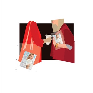 May include: Two people in red jackets are holding coffee cups and magazines. The woman on the left is holding a red tote bag with the magazine "ELLE" visible. The magazine on the right is "SKYE!"
