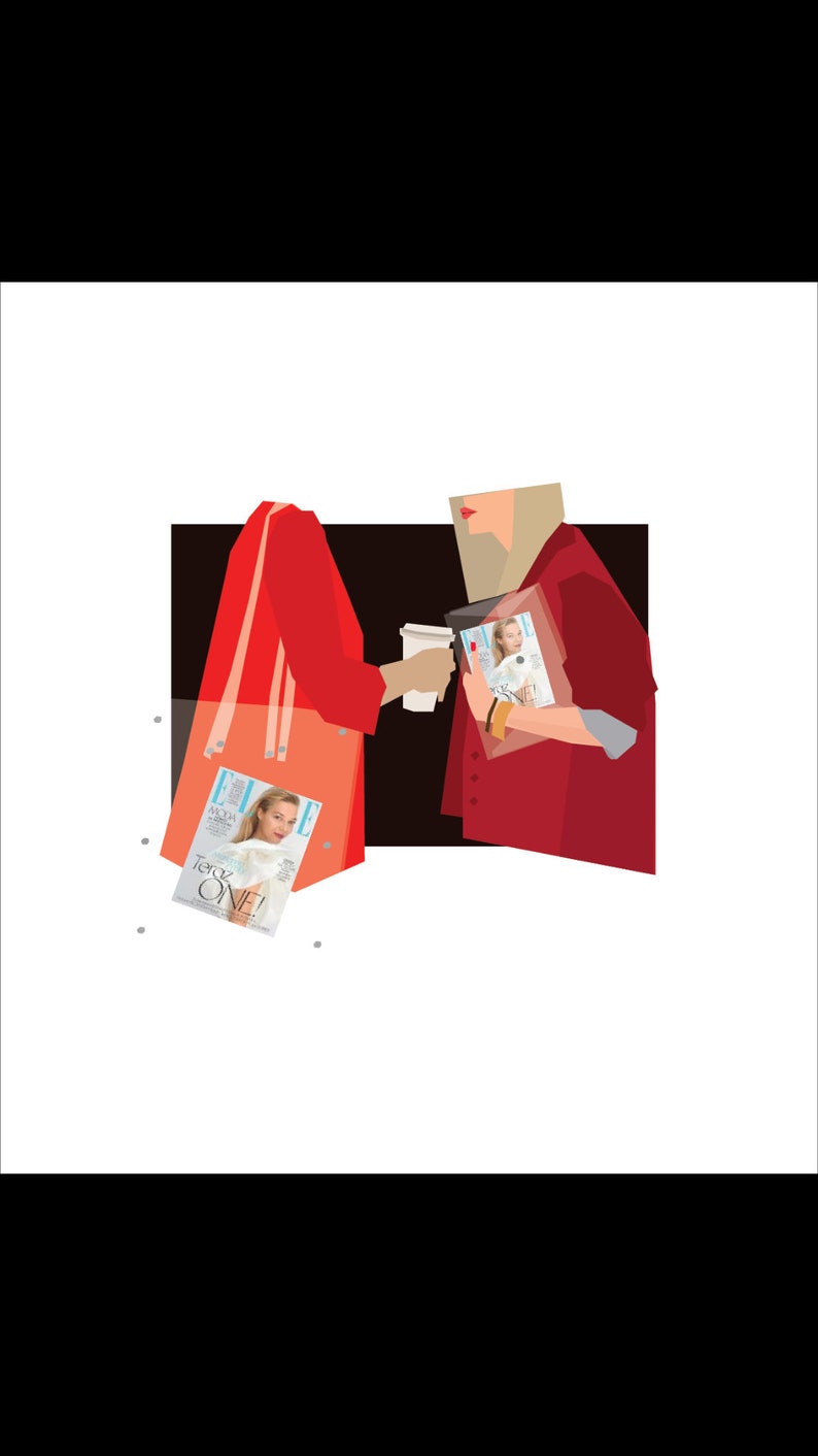 May include: Two people in red jackets are holding coffee cups and magazines. The woman on the left is holding a red tote bag with the magazine "ELLE" visible. The magazine on the right is "SKYE!"