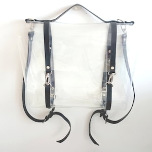 Mochila de vinilo transparente, minimalista, 2 en 1, mochila escolar transparente, bolso de viaje, moderno bolso para festivales, diseño hipster hecho a mano, estilo festival.