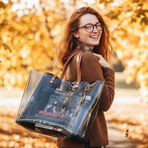 Bolso tote grande para el trabajo, transparente, negro, para compras, bolso tote grande para el día a día, bolso de oficina transparente, bolso de estudio, bolso minimalista para ir al trabajo, de cuero.