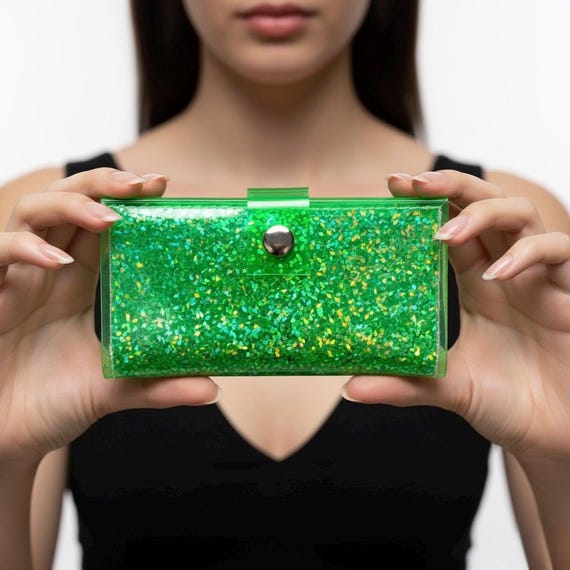 Green Vinyl Wallet Holographic Diamond Confetti Alternative Style Soft Goth Rave Techno Festival Purse Statement Gift